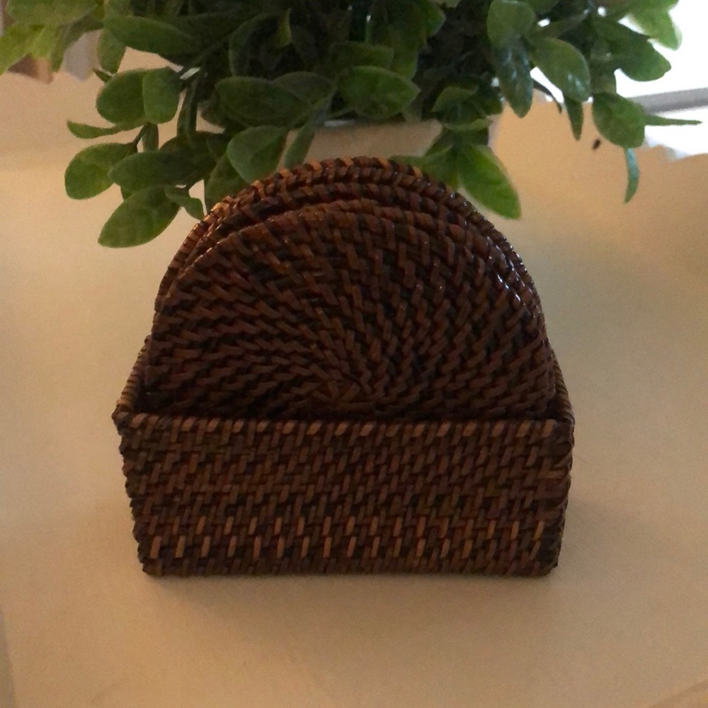 Handwoven dark rattan coaster set